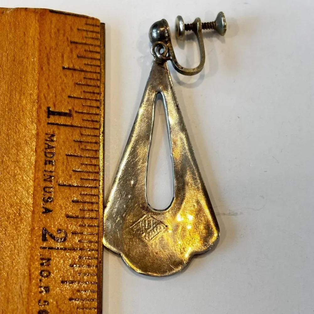 Vtg Sterling‎ Silver Abalone Drop Dangle Earrings Tear Drop Screw Back 2